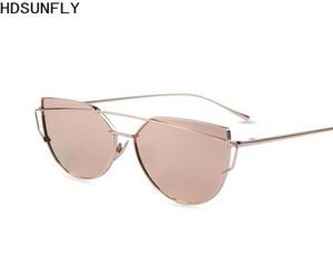 Óculos de sol 2021 Cat Eye Women Women Brand Fashion Fashion Twinbeams Rose Gold Mirror Flat Cateye Sun Glasses para fêmea UV4003108316