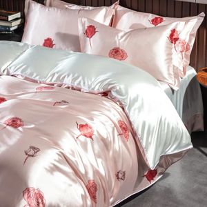 Conjunto de roupas de cama de impressão de rosa vermelha queen rei tamanho rosa branco sedoso cetim de cetim capa de lençol colchão capa de colchão 240422