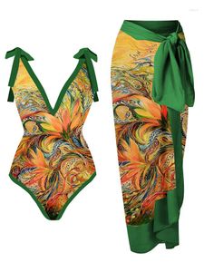 Vintage V-hals Floral Print 2024 Kvinnor Badkläder Summer Female One Piece Swimsuit and Cover-Ups Bathing Suits Vacation Sexy /