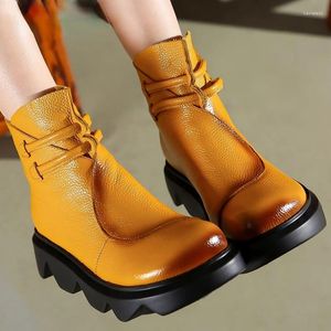Boots Comfortable Genuine Leather Women's Thick-soled Platform Wedge Heel Short Casual Retro Boot Shoes Round Toe