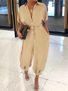 Summer Fashion V-Neck-knapp Lace-Up Jumpsuit Kort ärm Loose PlaySuit Overall Women Elegant Leopard Print Pocket Rompers 240429