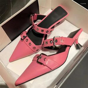 Slippers Pointed Toe High Heels Elegant Temperament Mules Closed Leather Casual Metal Buckle Female Pumps Wild Shoes For Women