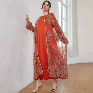 Party Dresses Arab Morocco Women Dress Autumn Dubai Abayas O-neck Long Sleeves Casual Gauze Set Printed Loose Maxi Islam