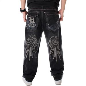 Street Dance larghe gambe jeans larghi uomini ricami di moda ricami neri sciolte pantaloni in denim maschio rap hop plus size 3046 240430