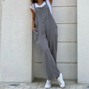 Frauen Sommer Baumwolle Leinen Spielanzug Mode ärmellose Weitbein Latzhose Solid Long Rolms Casual Comitor Comfortable Overall 240429