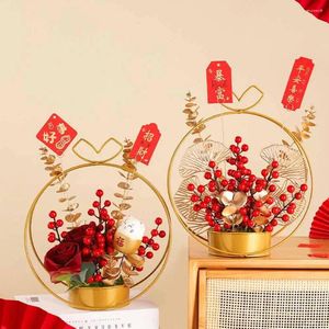 Dekorativa figurer 1 PC Artificial Flower Basket Berry Flowers Bouquet Fake Plant med Metal Pot Chinese Style Christmas Gift For Home