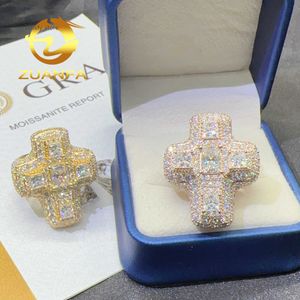 Jóias de moda de luxo Prazado de ouro de prata esterlina 925 VVS Moissanite Princess Cut Iced Out Rings Cross Hip Hop Anéis