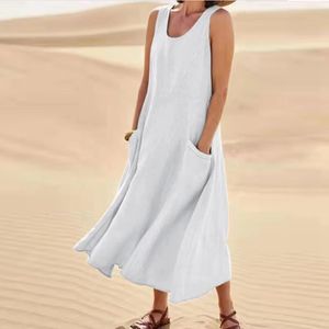 Cotton Linen Sleeveless Dress for Women Summer Pullover Skirt Vestidos Fashion Female Clothing Short Sleeved Loose Long 240426