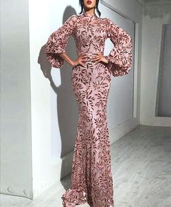 스팽글 섹시한 인어 댄스 파티 드레스 2021 반짝이는 수정 구슬로 된 높은 목이 긴 소매 이브닝 가운 여성 아랍어 특별 행사 d8928343
