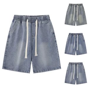 Kvinnors shorts kvinnor denim shorts trendiga nödställda ljusblå tryck elastisk midja slips hög midja raka benbyxor pantnes cortos y240504