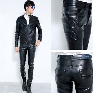 Novo calça de couro Faux elástico de novo punho de motocicleta PU Ridding Black Slim Fit Troushers para masculino 2628