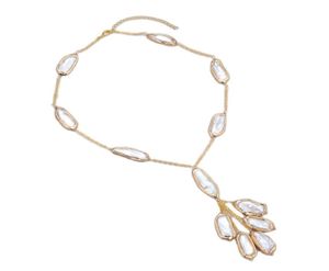 GuaiGuai Jewelry Natural Freshwater Cultured White Biwa Pearl Gold Color Plated Chain Necklace Handmade For Women Real Gems Stone 3622918