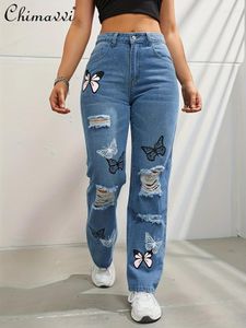 Women's Jeans Fashion Oversize Straight High Waist Pants Women 2024 Summer Butterfly Print Hand Frayed Large Size Denim Trousers Female