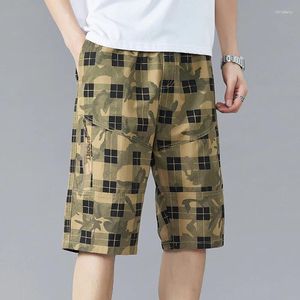 Herren Shorts karierte Farbfarbelastik mit hoher Taille Reißverschlussbrief Casual Clothing Sommer Straight Cargo Bleistifthose