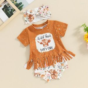 Clothing Sets Toddler Baby Girl Western Outfit Wild Hair Don T Care Tassel T-shirt Cow Print Floral Bloomers Shorts Bow Headband