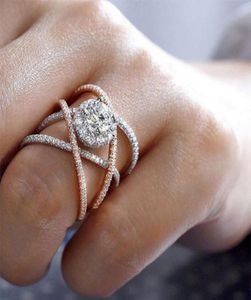Moda Moda kreatywny Krzyż Rose Gold Flower Crystal Ring Designer zaręczynowy Diamentowy Diamentowy Pierście