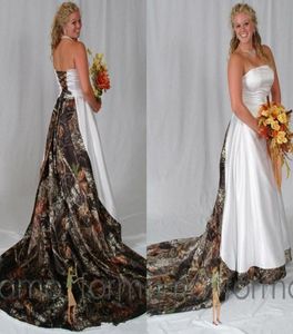 Schatz weißer Camo Brautkleider Schnürpelze Korsett Rückenwald Camouflage Print breit Aline Hochzeitskleider Kapelle Zug Satin Bri5082813