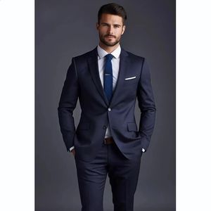 Navy Blue Solid Men Suits Fashion Notch Lapel Single Breasted 2 Piece JacketPants Business Casual Office Daily Suit Clothing 240430