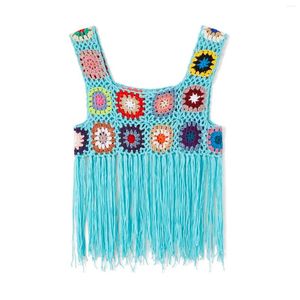 Women Summer Crochet Knit Tank Tops Vintage Floral Pattern Sleeveless Square Neck Tassel Hem Hollow Out Cover Ups For Bikinis