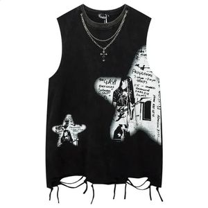 Mens Y2K Streetwear Tassel Sleeveless Tank Top Summer Washed Rock Print Punk Gothic Retro Harajuku T-Shirt Unisex 240425