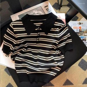 Women's Polos Summer POLO Collar Fashion Short Sleeve Shirts Women High Street Casual Striped Contrast Color Button Knitting Pullover