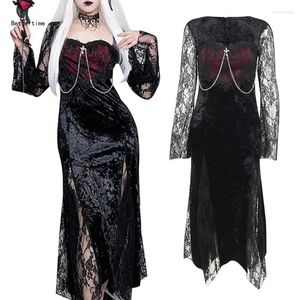 Casual Dresses B36D Womens Dark Gothic FLAGE SLEEVE SQUARE Long Dress Harajuku Eesthetic spets lapptäckning Sidan split a-line