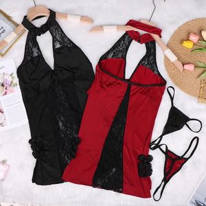 Bras Sets Women See attraverso il ruolo di Nightdress Mini Underwear Cheongsam Costume Sexy Mesh Lace Hollow Set