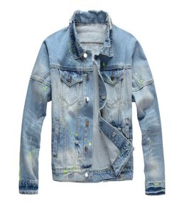 Einzigartiger Herrendesigner gestrichene Denimjacken zerrissener Mode Slim Fit Streetwear Motorrad Biker EPAULET Blue Jeans Jacke Mantel 4227642987