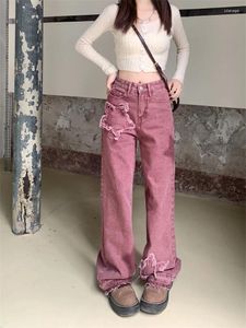 Kadınlar kot pantolon yama tasarımı yaz geniş bacak genç kız sokak tarzı bol dipler vintage rahat pantolon kadın pantolon