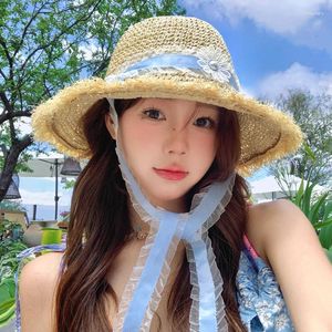 Szerokie brzegowe czapki koreańska wersja koronkowego kwiatu koronkowego kapeluszu słomka ręcznie robiona wakacyjna wakacyjna nadmorki plaż