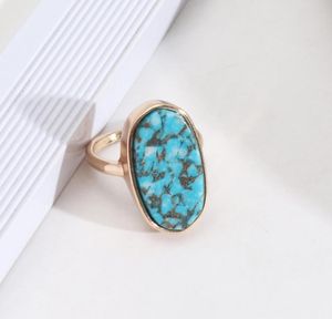 Cluster Rings Fashion Oval Hexagon Kallaite Healing Crystal Blue Stone Ring Geometric Gold Plated Finger For Women Jewelry Gift2477321