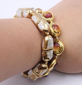 GuaiGuai Jewelry 2 Rows Cultured Freshwater Biwa Pearl Murano Glass Bracelet Gold Plated CZ Pave Clasp Handmade For Women9077035