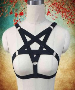 Star Elastic punk goth body sexy Black pentagram Bondage lingerie Goth Caged bra women harness belt3315538