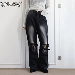 Frauen Jeans Roriri-Löcher mit schwarzen Baggy für Frauen Vintage Washloge-out lässige Weitbeinhose Freund Hosen y2k Kleidung