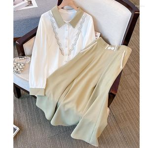 Work Dresses Office Elegant Two-piece Set For Women Embroidery Blouse Tops And A Line Skirt Female Spring Summer Large Size 4XL Matching