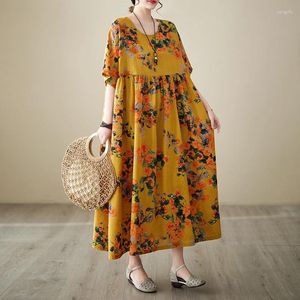 Party Dresses Short Sleeve Print Floral Vintage Loose Summer Bohemia Long Maxi Dress for Women Holiday Travel Beach Casual Overize