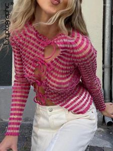 여자 T 셔츠 스트라이프 니트 섹시 넥타이 넥타이 넥타이 여성 패션 복장 스트리트웨어 슬림 긴 슬리브 티셔츠 옷