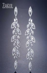 Zakol Fashion Korean CZ Leaf Wedding Jewelry Marquise AAA Cubic Zirconia Long Drop Bridal Earrings for Elegant Women FSEP2144 22018553531