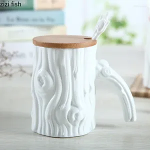 Mugs White Tree Head Ceramic Mug With Wooden Cover Spoon Large Capacity Water Cup Office Coffee Milk Tea Afternoon Cups