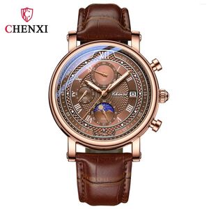 Armbandsur mode chenxi 976 läder kronograf datum mäns fas av månen timing affär lysande kvarts titta på relojes para hombres