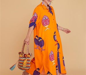 Fiskmönster Lång knäppt Boho -klänning 2021 Autentiska modekläder för kvinnor med 6 olika färgalternativ Q07122357006