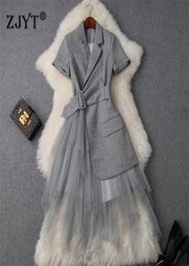 Fashion Designer Summer Dres Clothes Elegant Ol Old Collar Blazer Patchwork Tulle Party Office Dress Y2001029058407