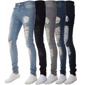 Mano di colore Solido Biker in difficoltà Jeans Fashion Fashion Slim Tasped Pantaloni a matita Uomini Jean Male High Street 1833