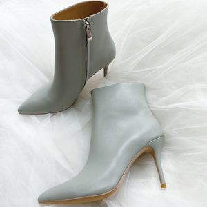 2024 Real Cowskin Cow Cowhide Leather 10cm Stiletto High Heel Heels 신발 발목 부츠 반 부츠 Pillage 뾰족한 발가락 지퍼 패턴 무릎 패트워크 파티 웨딩 크기 34-42