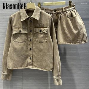 Work Dresses 4.27 KlasonBell Letter Embroidery Washed Distressed Denim Set Women Pocket Long Sleeve Shirt Low Waist Ball Gown Short Skirt