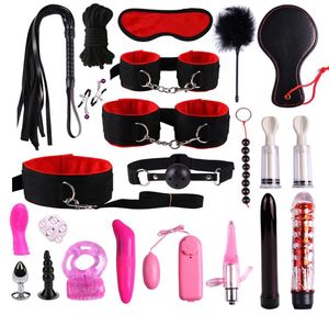 23 PCS brinquedos sexuais para mulheres jogos adultos algemas chicote bocal plug plug but bddsm BDSM Set de vibrador de plugue anal de contas SH1907309305