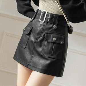 Skirts Autumn Yellow Leather Short Skirt Zipper High Waisted Pockets A-line Mini PU Blue Black
