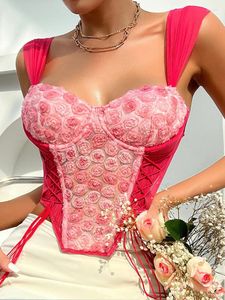 Tank da donna Crop Tops Women Sexy Coquette Top Top Ladies Summer Fashion Flowers 3D Patchwork Corset Female Skinny Doorless Came
