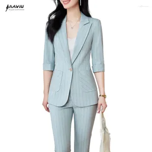 Kvinnors tvåbitar byxor Naviu Blue Stripe Suits set 2024 Spring Summer Professional Half Sleeve Blazer and Flare Office Ladies Work Wear