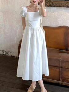 Casual Dresses White Sweet Elegant Fairy Dress Women Puff Sleeve Folds Design Midi Female Korean One Piece Party 2024 Summer